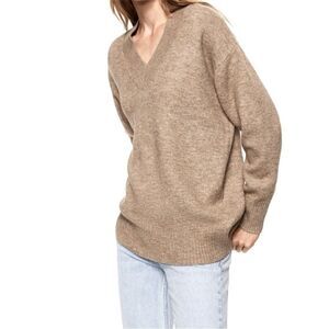 Mango MNG V-Neck‎ Sweater Small Taupe Knit Long Sleeve Casual Pullover
